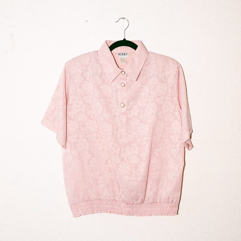 Vintage 80s Koret Pink Shimmery Polo-Style Blouse – Floral Overlay, Ruched Waist